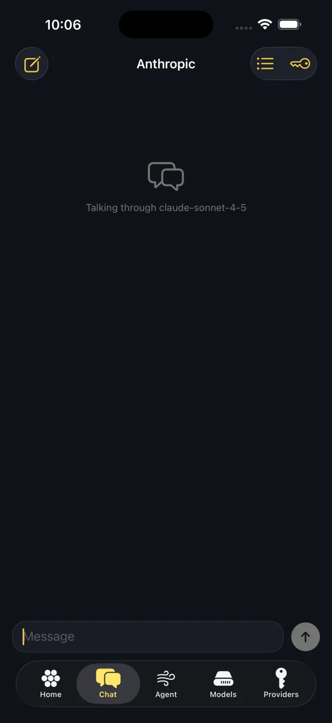 Dandelion chat screen with provider set to Anthropic, model claude-sonnet-4-5, a message box, and the bottom tab bar.