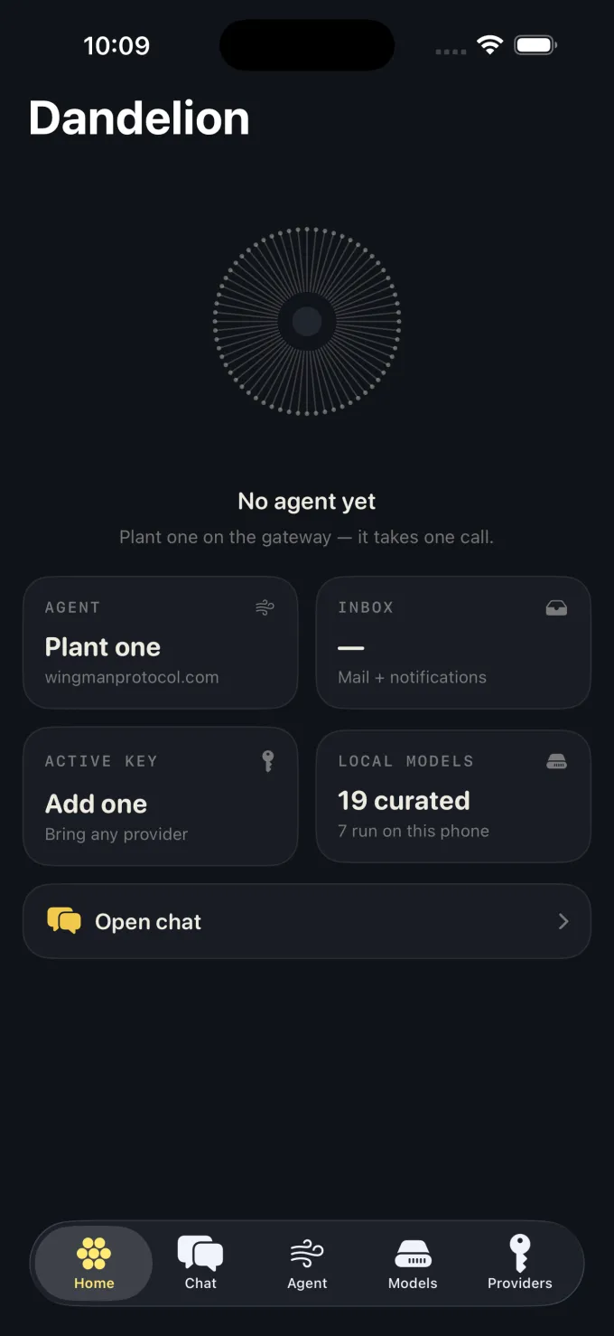 Dandelion home dashboard showing Agent, Inbox, Active Key and Local Models cards with an 'Open chat' action.