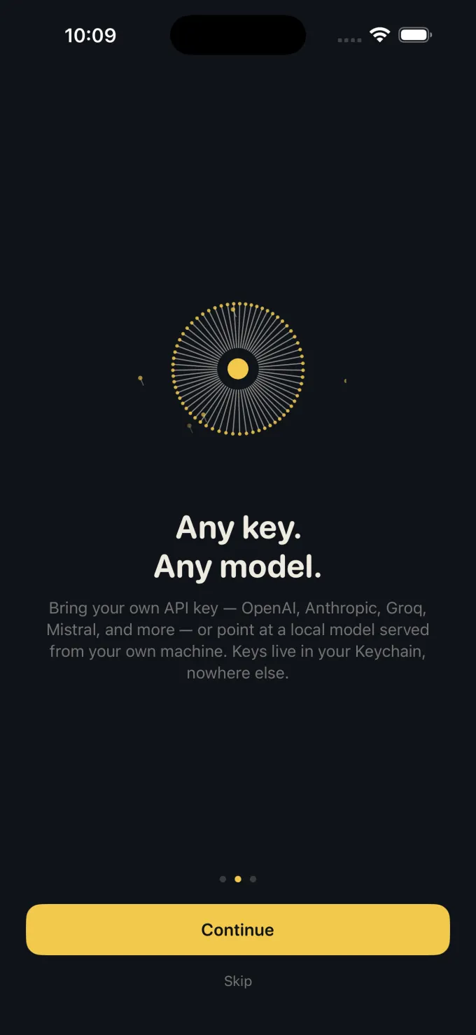 Dandelion onboarding screen reading 'Any key. Any model.' above a glowing gold dandelion seed head.