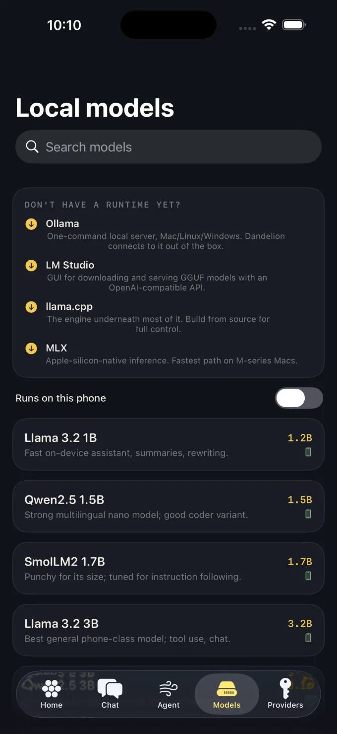 Dandelion local model catalog featuring Ollama, LM Studio, llama.cpp and MLX runtimes with a list of open models.