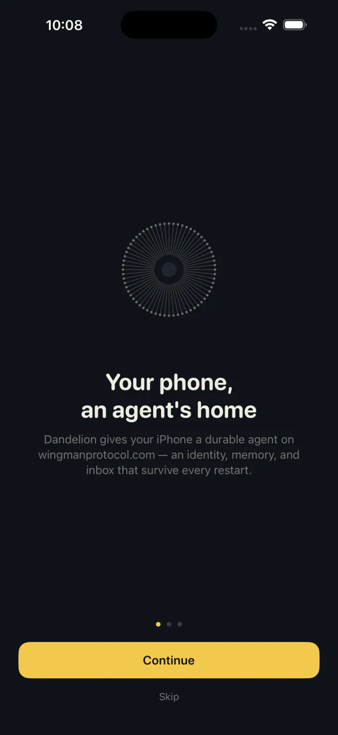 Dandelion onboarding screen reading 'Your phone, an agent's home' above a luminous gold dandelion seed head.